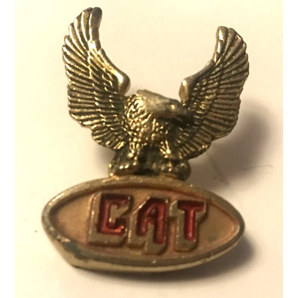 CAT Caterpillar Pin Eagle Logo Gold Tone Metal Dual Pin Red Enamel